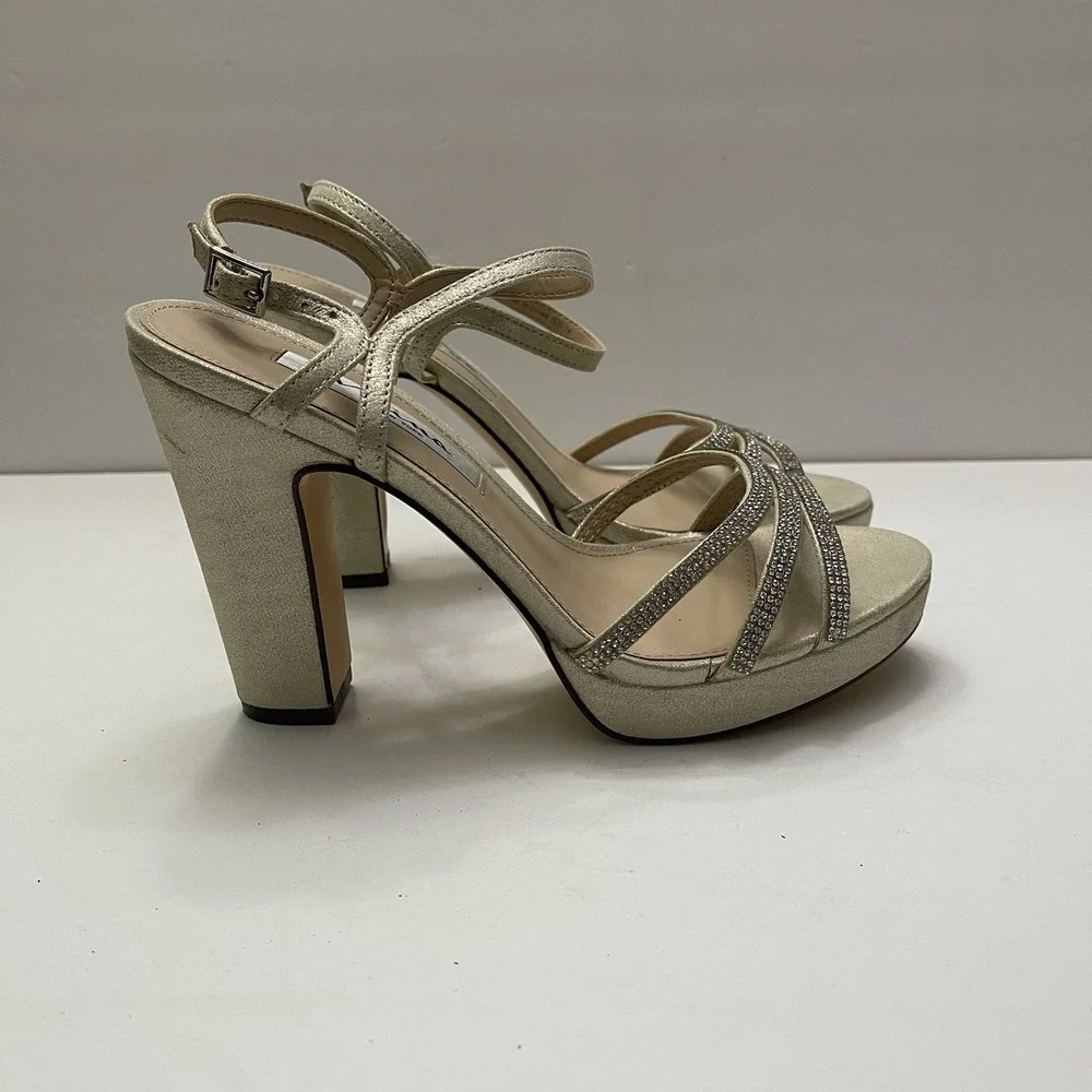 Nina Saralyn Platino Platfom Sandal‎ Heel Size 8 Gold Rhinestone Wedding Holiday